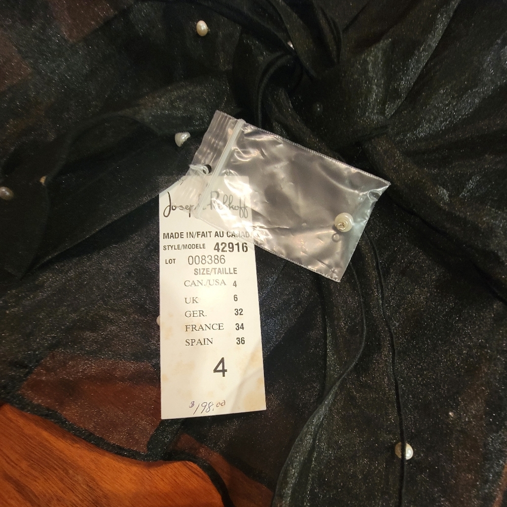 Joseph Ribkoff Black Sheer Organza Blouse Faux Pearls Bell Sleeve Tie Waist NWT4 - Picture 9 of 14
